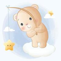 Cute little bear sitting on cloud and catching a star vector