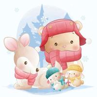 Cute animals, little bunnys, bear and deer playing together in snow vector