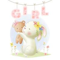 little bunny embraces teddy bear baby girl milestone card vector