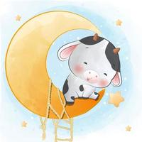 Cute little cow sitting on moon and star watercolor cartoon illustration vector