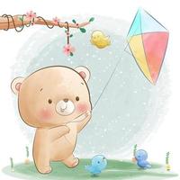 Happy little bear playing kites at the park vector