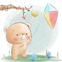 Happy little bear playing kites at the park vector