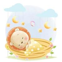 Cute baby lion sleeping in the basket cartoon illustration vector
