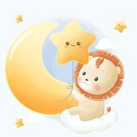 happy cute little lion sitting on cloud hand draw vector