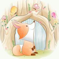 cute fox and a butterfly in an with flowers in watercolor style vector