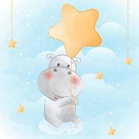 Cute hippo with star balloon for print and baby shower vector