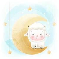 Funny cute sheep sitting on the moon watercolor illustration vector
