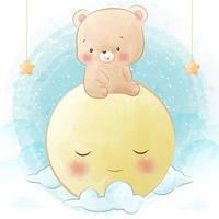 Cute teddy bear sitting on yellow moon with cloud cartoon illustration vector