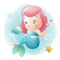 Hand drawn cute mermaid illustration, watercolor mermaid vector