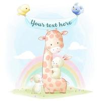 Cute animal illustration giraffe and little bunnies vector