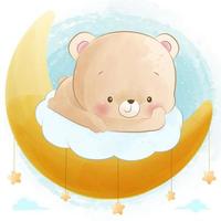 Sleeping bear on a blue cloud in sky with stars and moon vector