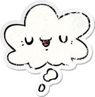 happy cartoon face and thought bubble as a distressed worn sticker vector