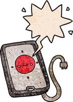 cartoon mobile phone device and speech bubble in retro texture style vector