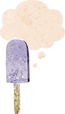 cartoon ice lolly and thought bubble in retro textured style