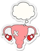 cartoon beat up uterus with boxing gloves and thought bubble as a printed sticker vector