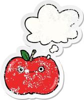 cute cartoon apple and thought bubble as a distressed worn sticker vector