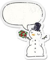 cartoon snowman and speech bubble distressed sticker vector