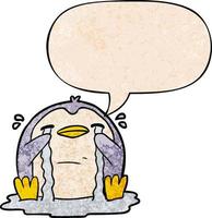 cartoon crying penguin and speech bubble in retro texture style vector