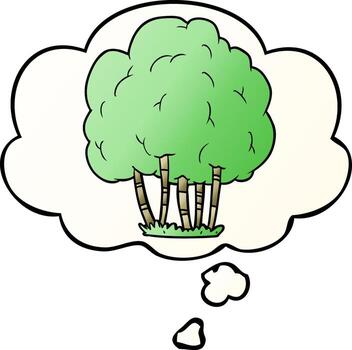 árbol de dibujos animados y burbuja de pensamiento en estilo degradado suave vector