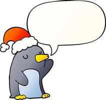 lindo pingüino de navidad de dibujos animados y burbuja de habla en un estilo de gradiente suave vector