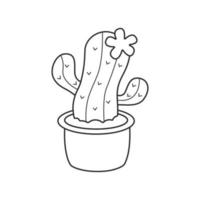 Cute cactus in pot isolated on white background. Cactus in black linear drawing style. Vector illustration