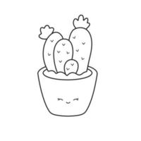 Kawaii cactus in pot. Cactus in black linear drawing style. Vector illustration isolated on white background