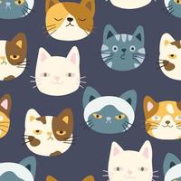 lindas cabezas de gatos coloridas, caras de gatitos, patrón vectorial sin costuras. divertidos personajes de dibujos animados de animales de compañía de gatitos con emociones, textura para tela, papel pintado, papel de envolver, textil, ropa de cama, estampado de camisetas vector