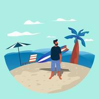 Surfing in sea or ocean.Colorful flat vector illustration.Man preparing for surfing. Pro vector.