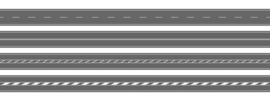 Set of straight roads. Horizontal top view. Empty highways with different markings isolated on white background. Seamless roadway templates. Elements of city map vector