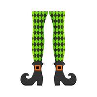 Bizarre witch or leprechaun legs in stockings with rhombus pattern and boots with buckles isolated on white background. Costume element for Halloween or St Patrick day vector