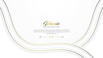 Elegant and Creative Wave Layered Luxury White and Gold Islamic Background. With Arabic Pattern, Islamic Border, and Decorative Hanging Lanterns Ornament. vector