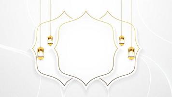 diseño de vector de fondo de ilustración islámica de saludo blanco y dorado de lujo con patrón árabe, borde islámico y adorno de farolillos colgantes decorativos para tarjeta de felicitación, pancarta, papel pintado, portada