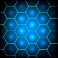 Vector hexagon shape abstract technology background with blue and green colored bright lighting