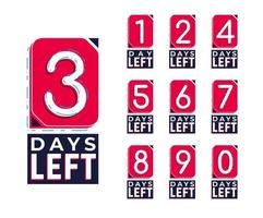 Days left red numbers. Stickers and banners timer pack. vector