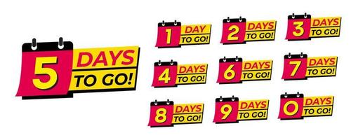 Days to go red and yellow numbers. Stickers and banners timer pack. vector