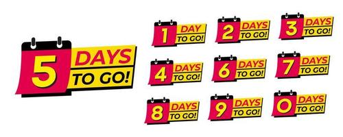 Days to go red and yellow numbers. Stickers and banners timer pack. vector