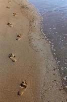 huellas en la arena de la playa de la ciudad. foto