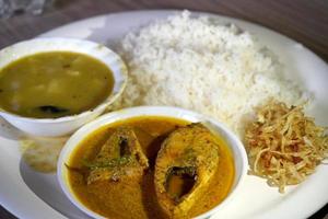 Bengali Famous Dish Hilsa Fish with White Rice and Dal photo