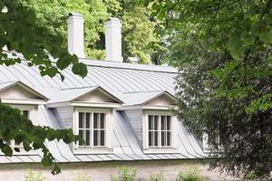 roof of an old house with chimney and attic roof windows surrounded by trees in summer. tranquil place for slow living, cottagecore concept. photo