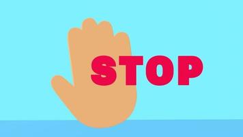 Red inscription STOP, in background corresponding hand gesture. Simple animation in 3D space. video