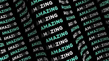 Amazing turquoise promo text flow on the wave animation loop. Amazing words line stream by the curve seamless black background. Running creative ticker promotion advertising kinetic typography. video