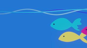 grafica animata di pesci colorati galleggianti in acqua blu con piccole onde. i pesci nuotano da una parte all'altra dello schermo lasciando uno spazio vuoto dietro di loro.