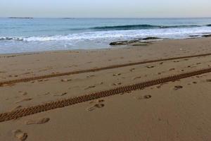 Footprints in the sand on the city beach. photo