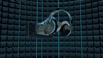 óculos de realidade virtual em preto e branco com luzes azuis girando 360 graus contra um fundo escuro fora de foco. animação 3D video