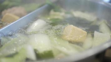 close-up zicht op de hotpot shabu volledig zicht groente en paddenstoelen. video