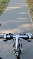 vista del manubrio di una bicicletta durante la guida su strada asfaltata. video