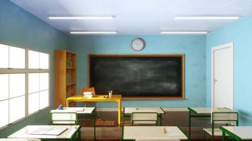 Video Animation. Blank blackboard in an empty school classroom. Zoom in.