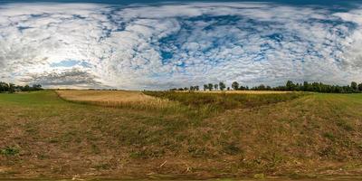 vista de ángulo de 360 grados de panorama hdri esférico completo sin costuras entre campos de centeno y trigo cosechados con fardos de heno en el día de verano con hermosas nubes cirrocumilus en proyección equirectangular foto