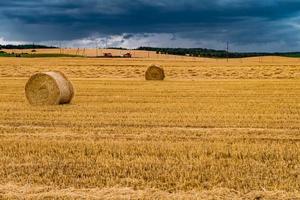 Hay bales under cloudy storm sky on harvested wheat field. photo