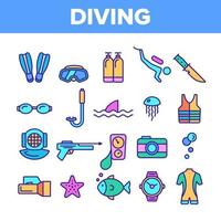 Color Scuba Diving Equipment Vector Linear Icons Set